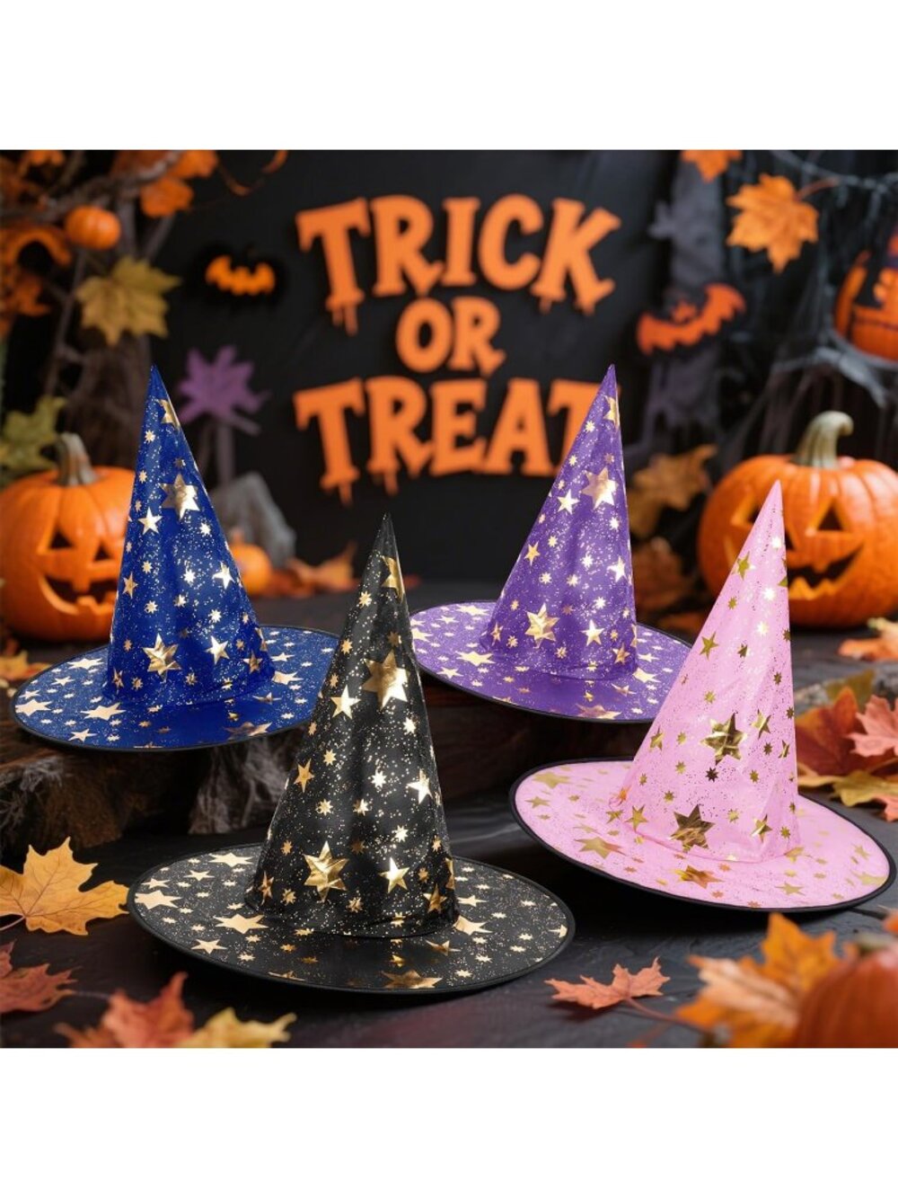 Halloween Mixed Colors 4pcs Witch Hat Mystical Star Print Hats for Decoration - Picture 5 of 7